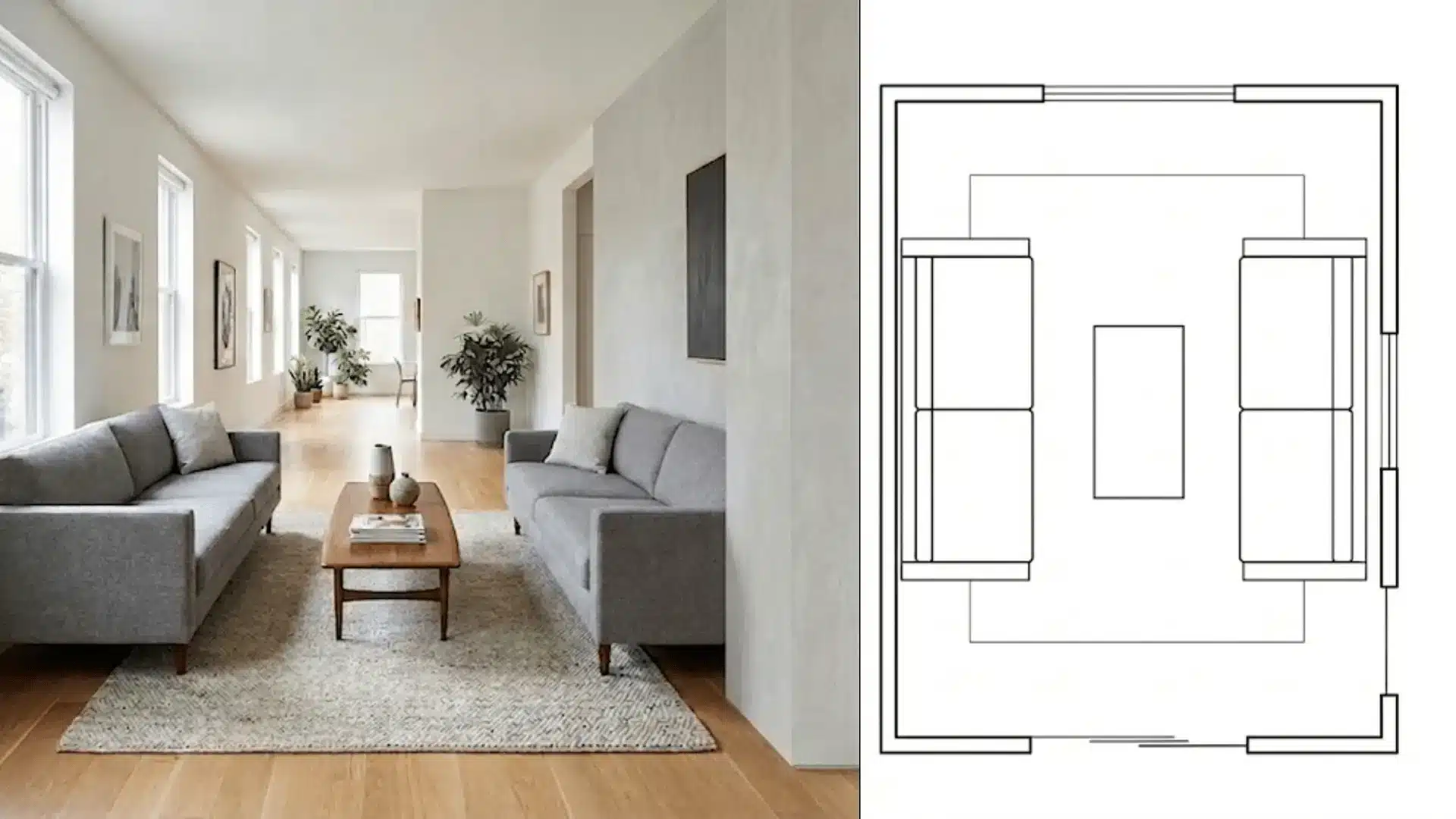 split image of two facing sofas layout with matching top-down floor plan diagram