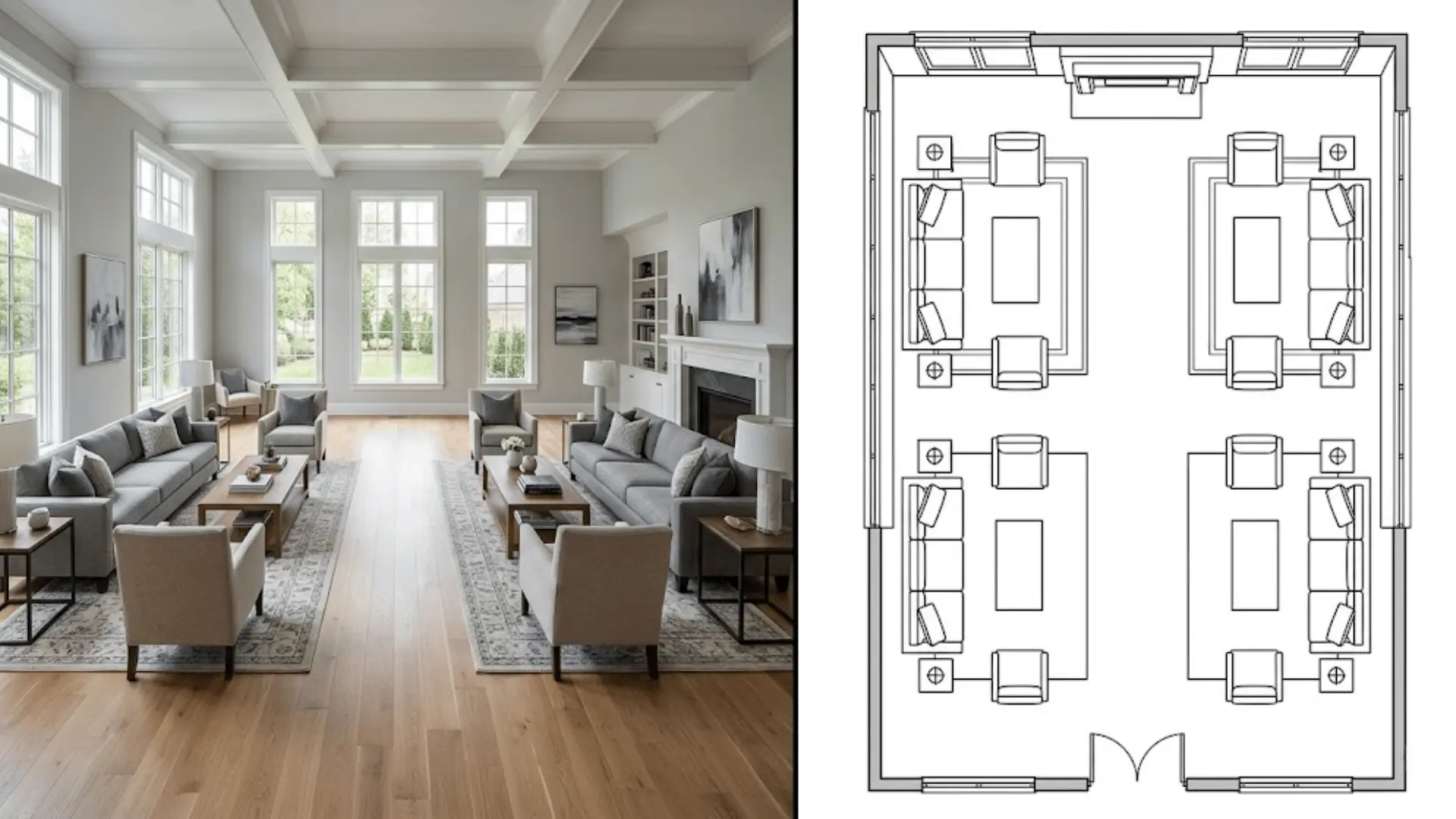 split image of two seating zones layout with matching top-down floor plan diagram