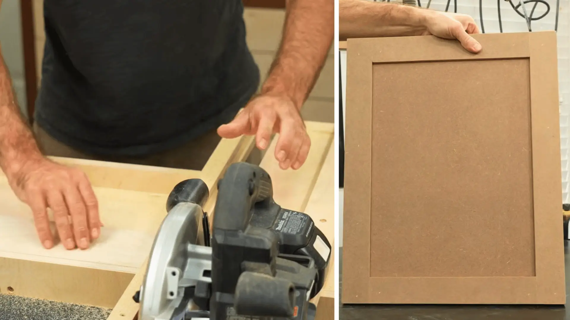split image showing a circular saw cutting an MDF panel on a crosscut sled next to a finished shaker-style MDF cabinet door