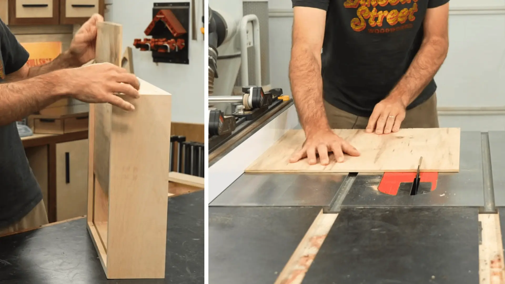 split image showing a woodworker checking a plywood drawer box side panel next to feeding a plywood bottom panel through a table saw