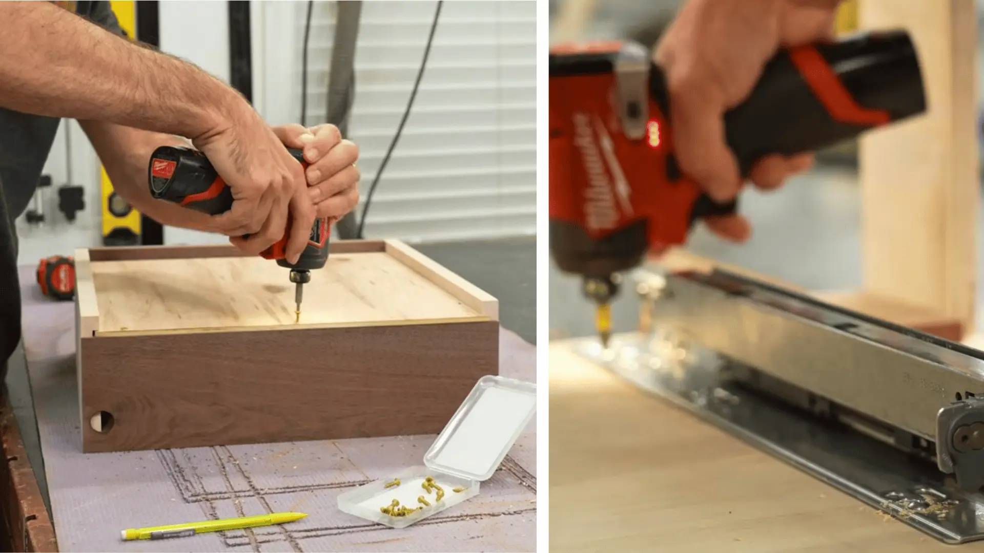 split image showing a woodworker drilling into a walnut drawer box next to installing a metal drawer slide with an impact driver
