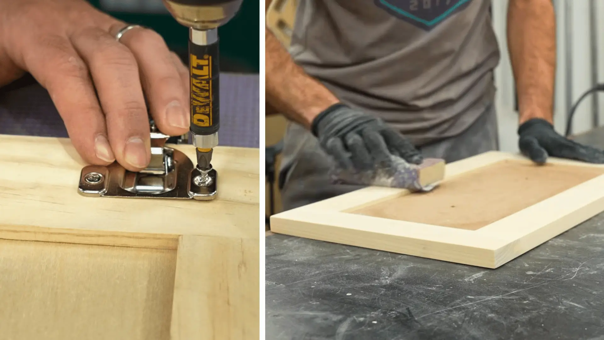 split image showing a woodworker installing a concealed hinge on a cabinet door next to sanding a primed door frame with gloves on