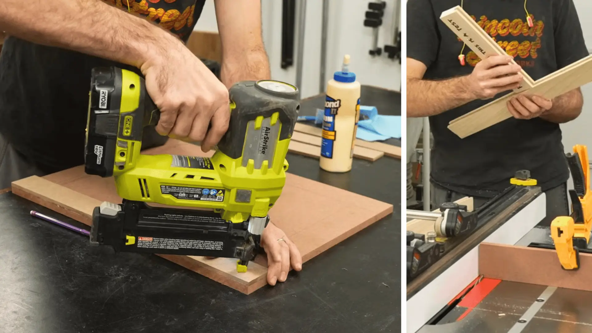 split image showing a woodworker using a brad nailer on an MDF panel next to fitting a wood rail and stile joint at the table saw