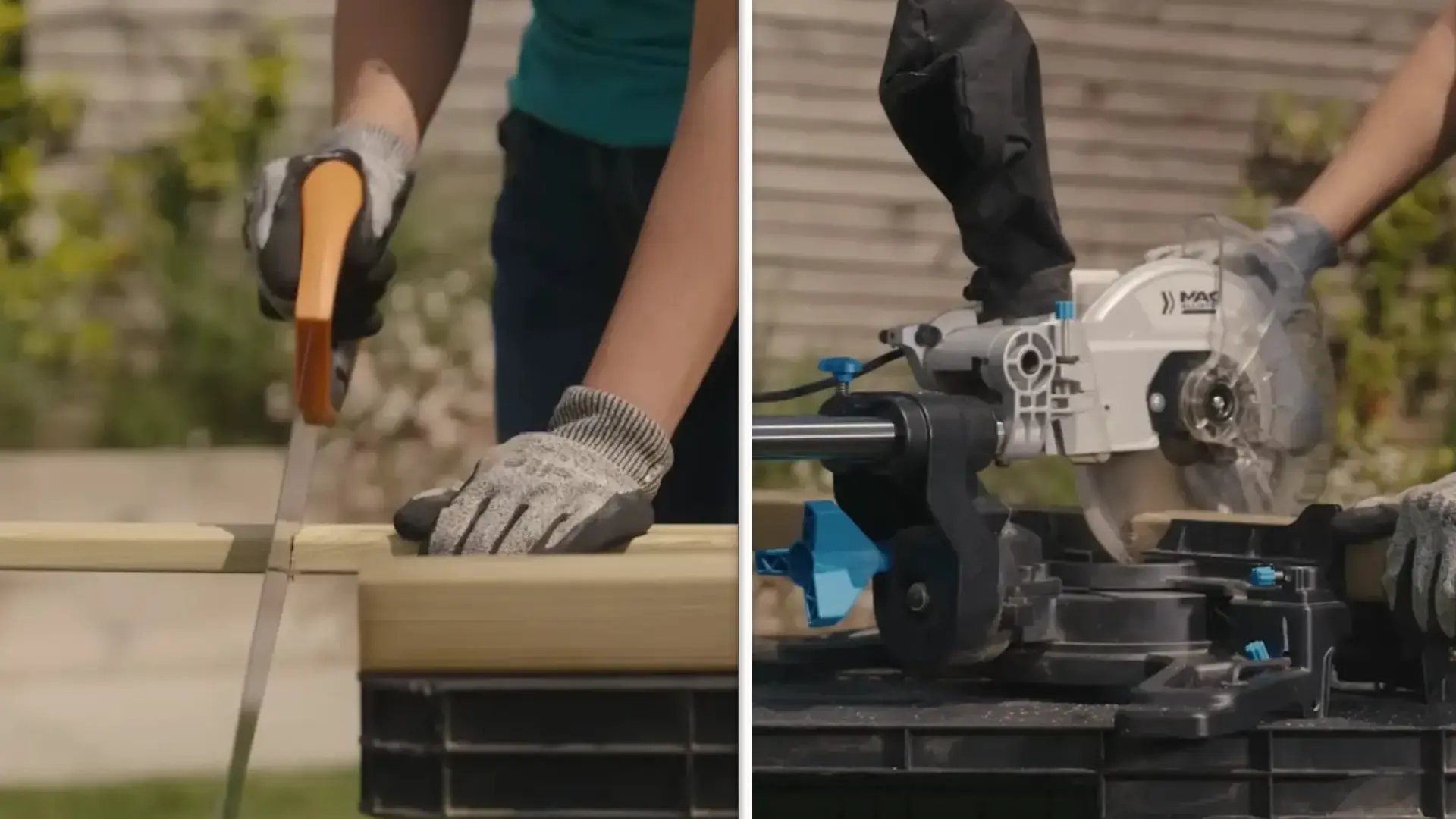 split screen handsaw and mitre saw cutting treated timber for mud kitchen frame pieces
