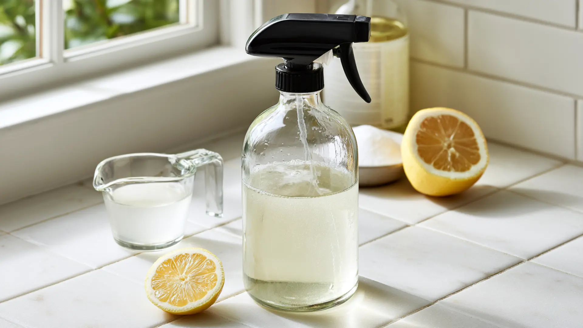 spray bottle of diy vinegar shower cleaner with dish soap, baking soda, and lemon on a bathroom counter