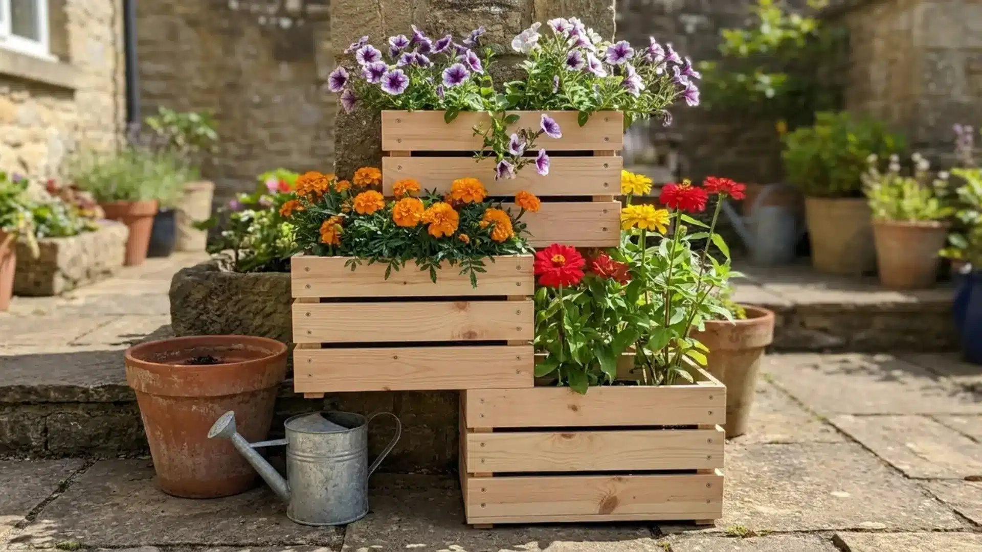 stacked wooden crate planters filled with petunias marigolds and zinnias on stone patio