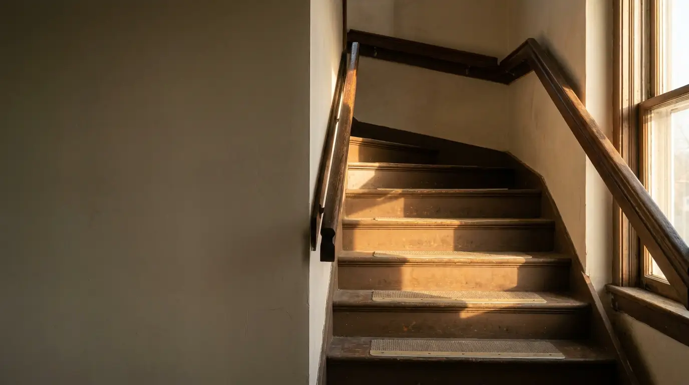 Wooden staircase with dark handrails illuminated by natural light from large window