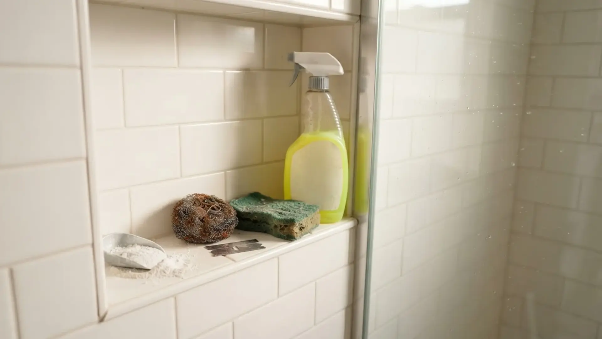 steel wool sponge razor blades and abrasive powder near shower glass door showing what not to use