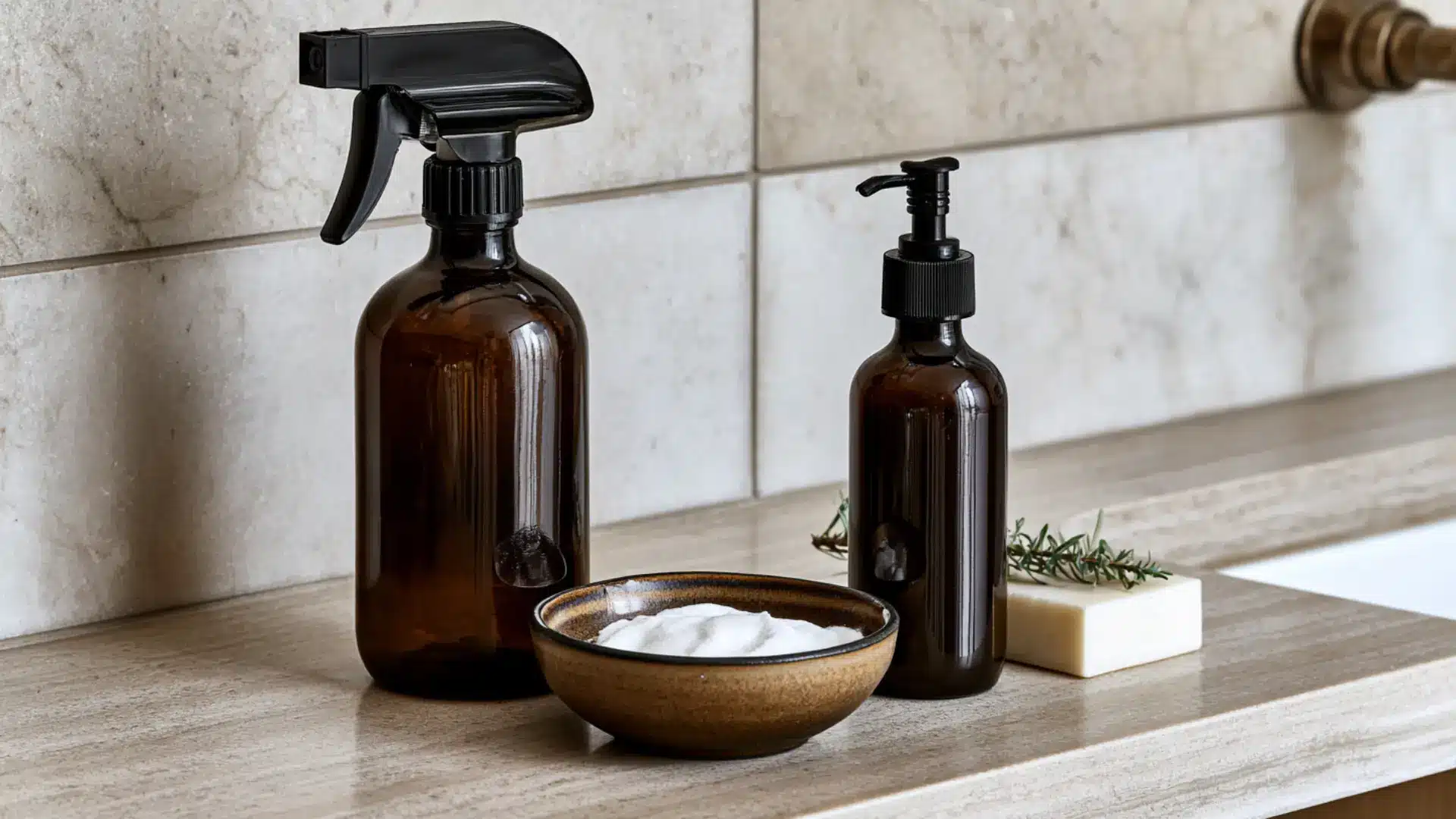 stone-safe diy shower cleaner spray bottle with baking soda paste and castile soap on marble tile counter