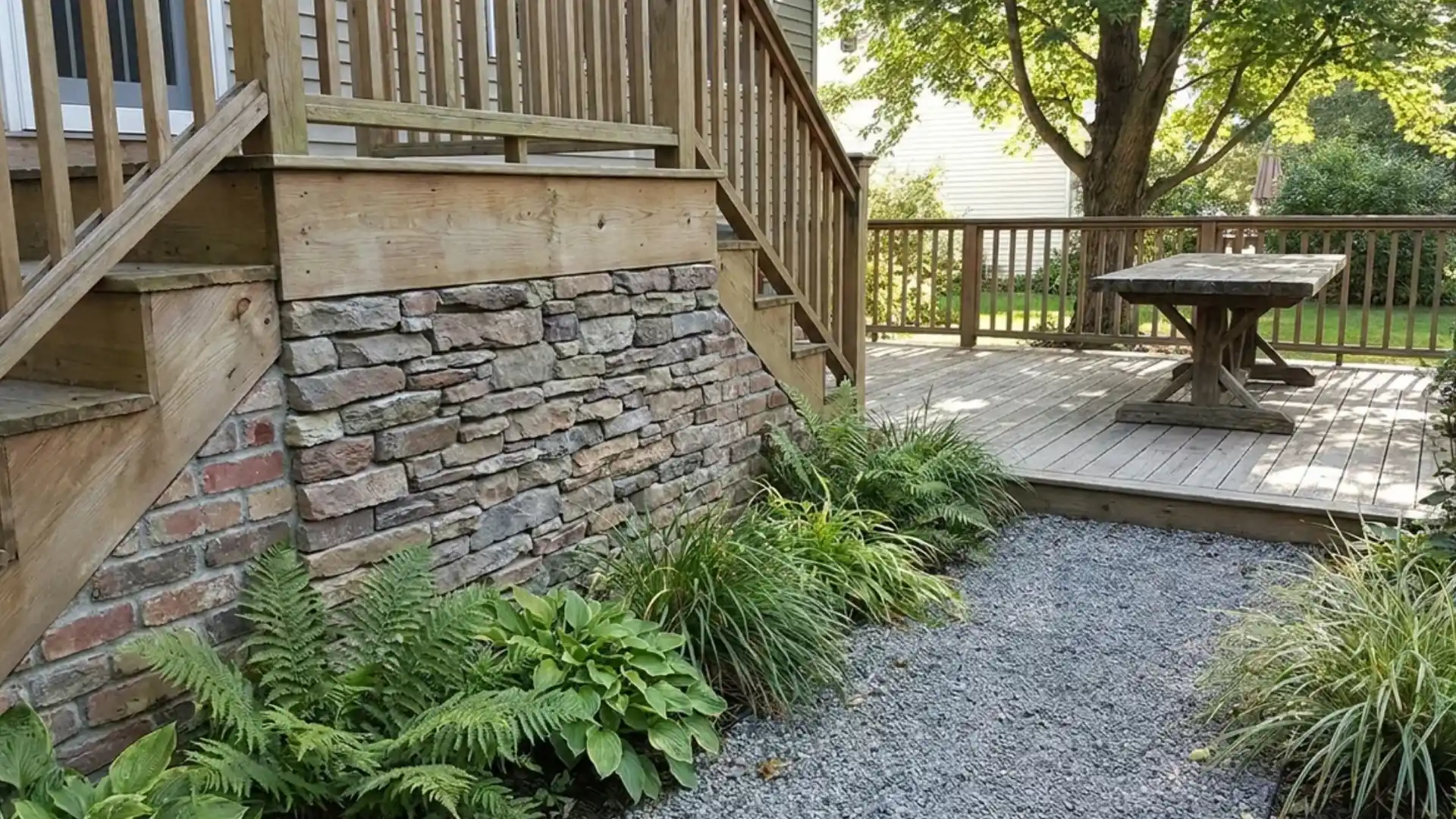 stone veneer deck skirting with brick base under wooden stairs and patio