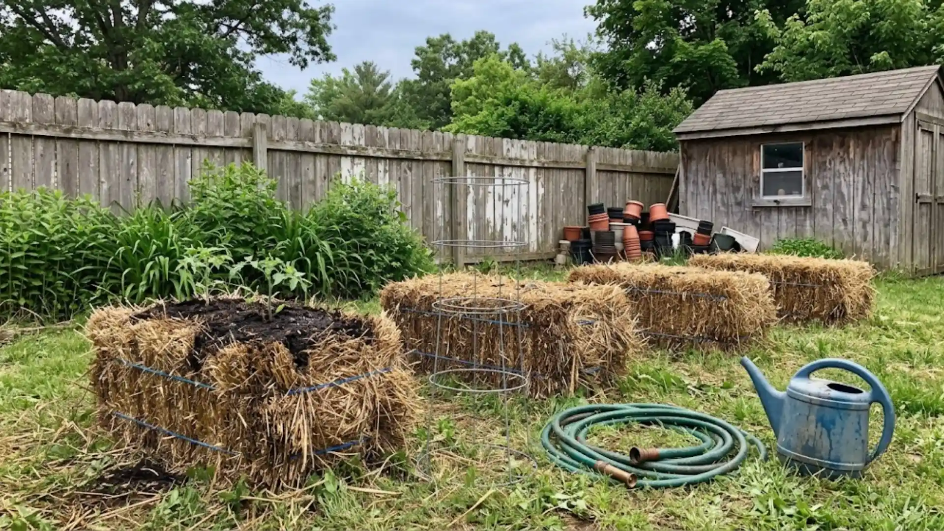 straw bales lined up in a backyard with a tomato seedling planted in one bale near a fence