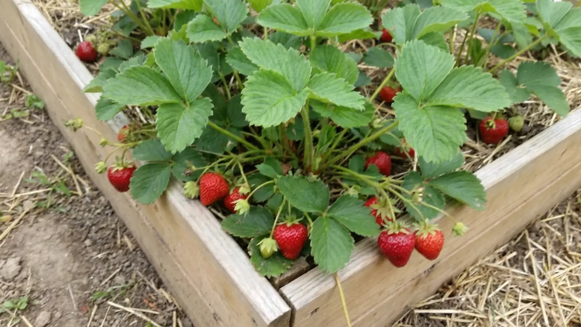 strawberry plants growing too close to cabbage in an overcrowded vegetable garden bed