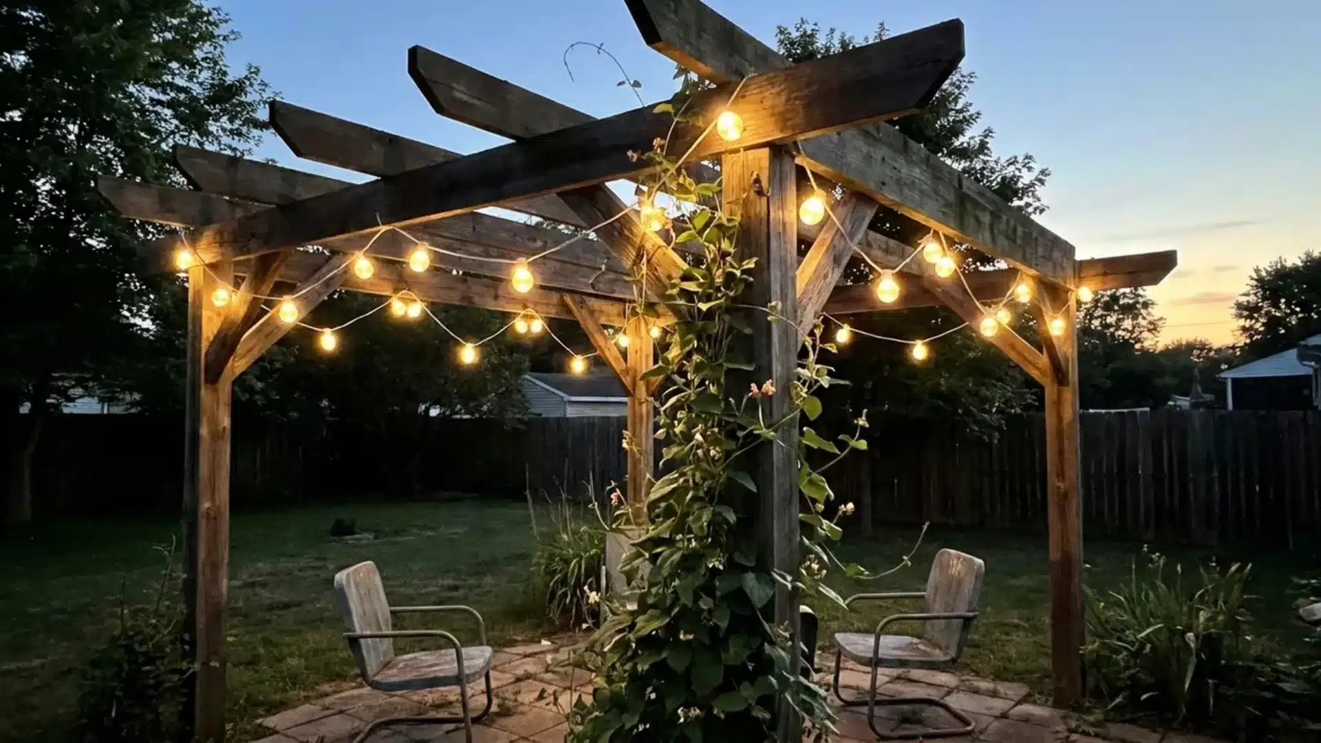 string lights glowing on wooden pergola arbor with climbing vine at dusk