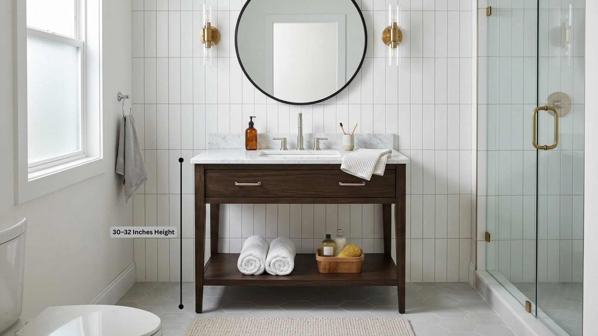 stylish bathroom with a white vanity and a round mirror, highlighting a contemporary and organized space
