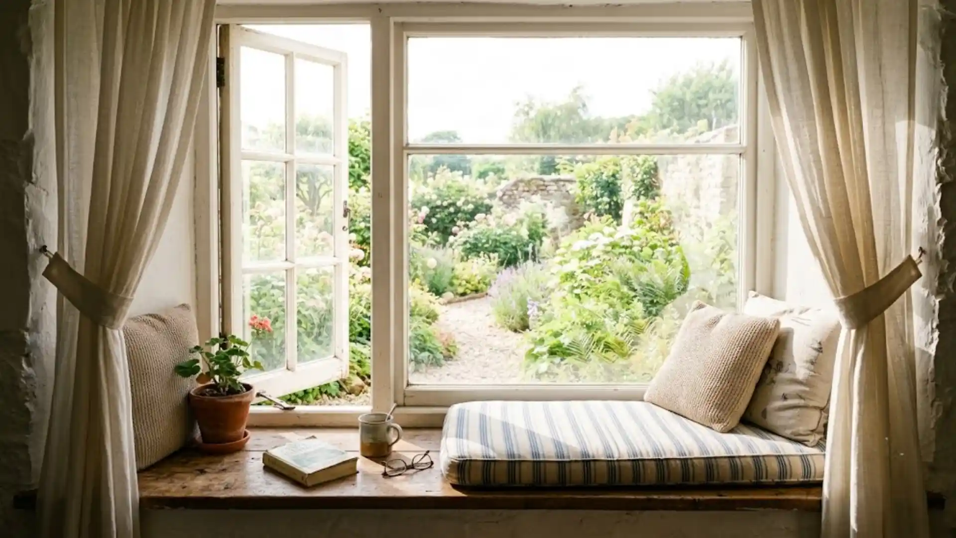 sunlit window seat with sheer curtains overlooking a green garden view