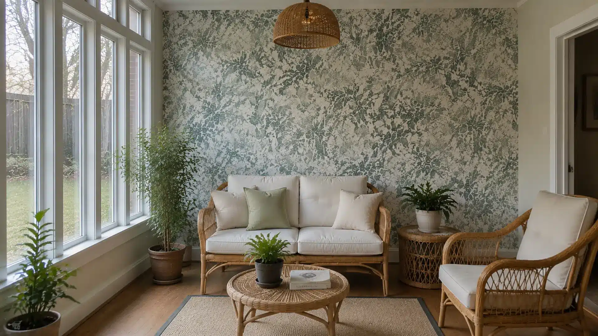 sunroom accent wall with green botanical wallpaper rattan seating and pendant light