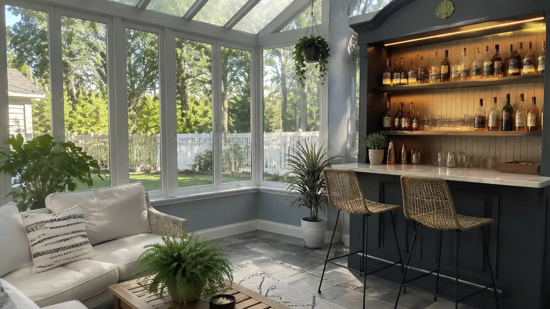 sunroom bar nook with stocked shelves rattan stools and a cozy seating area