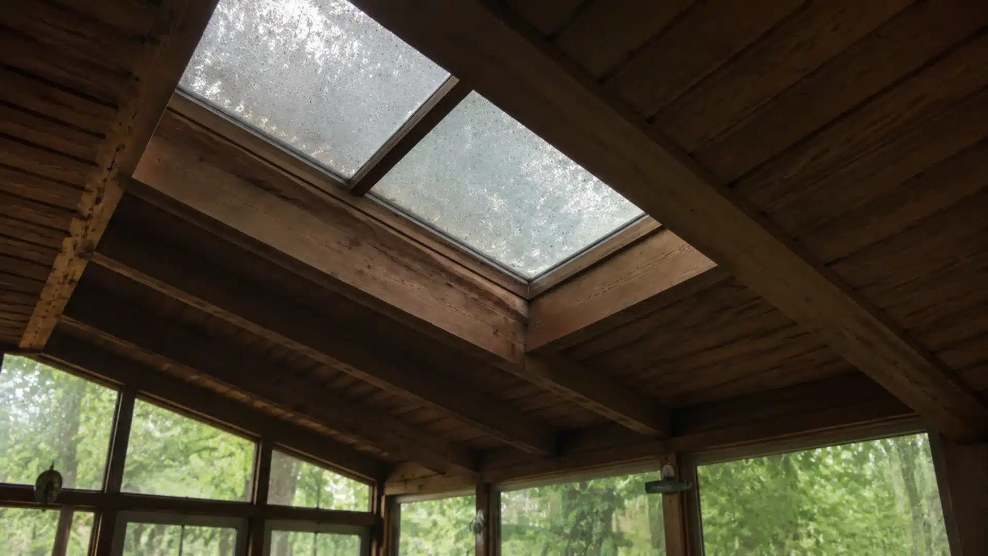 sunroom ceiling with a skylight window letting in soft natural daylight through wood beams
