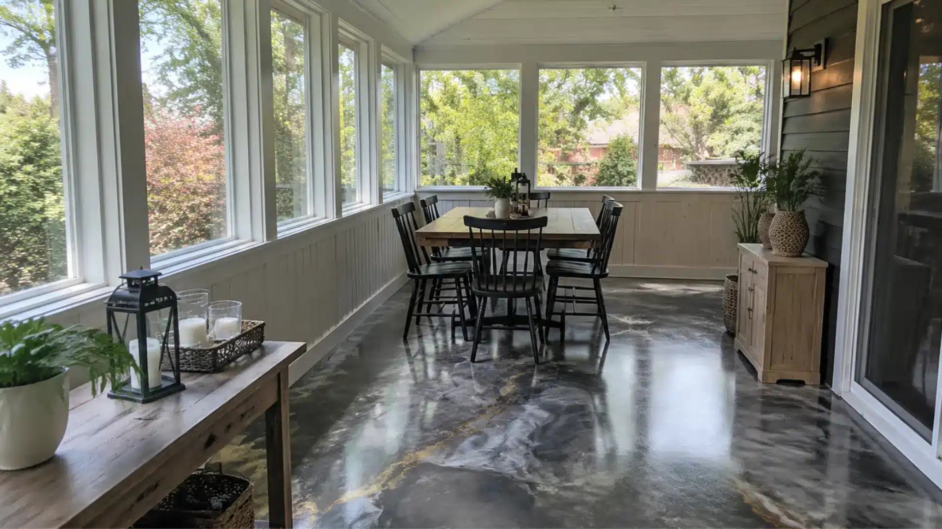 sunroom dining area with a polished painted concrete floor and black chairs