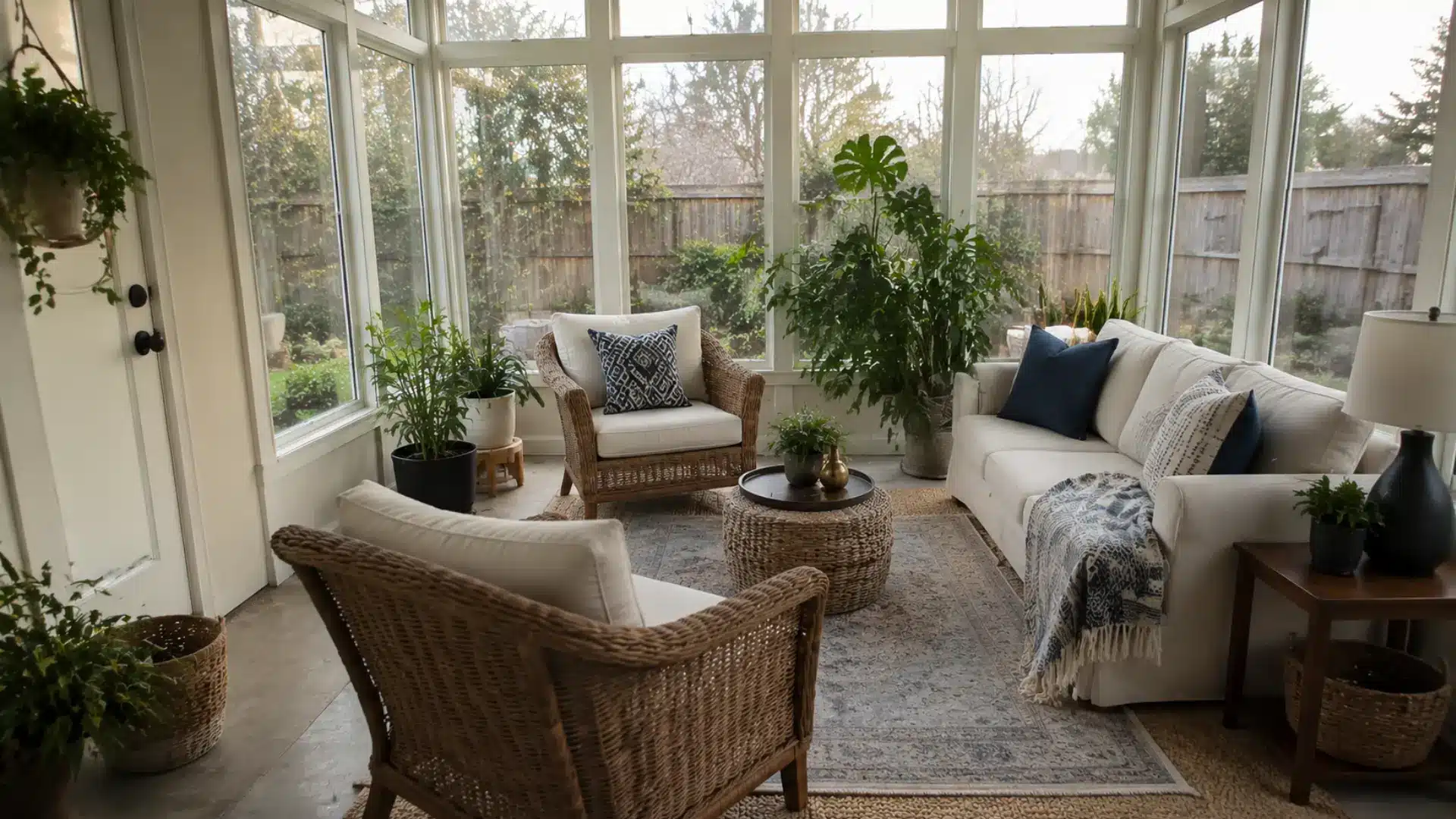 cozy bright sunroom with wicker chairs linen sofa and potted plants near large windows