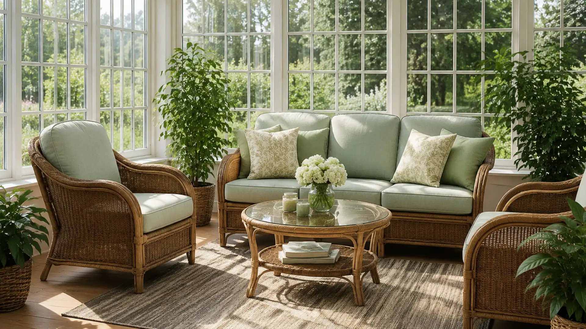 sunroom seating area with woven rattan chairs sofa and sage green cushions near windows