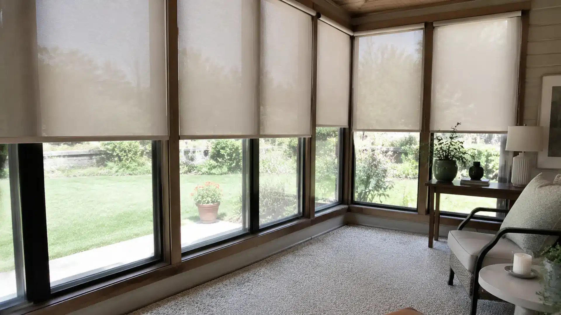 sunroom windows fitted with retractable smart blinds for light control