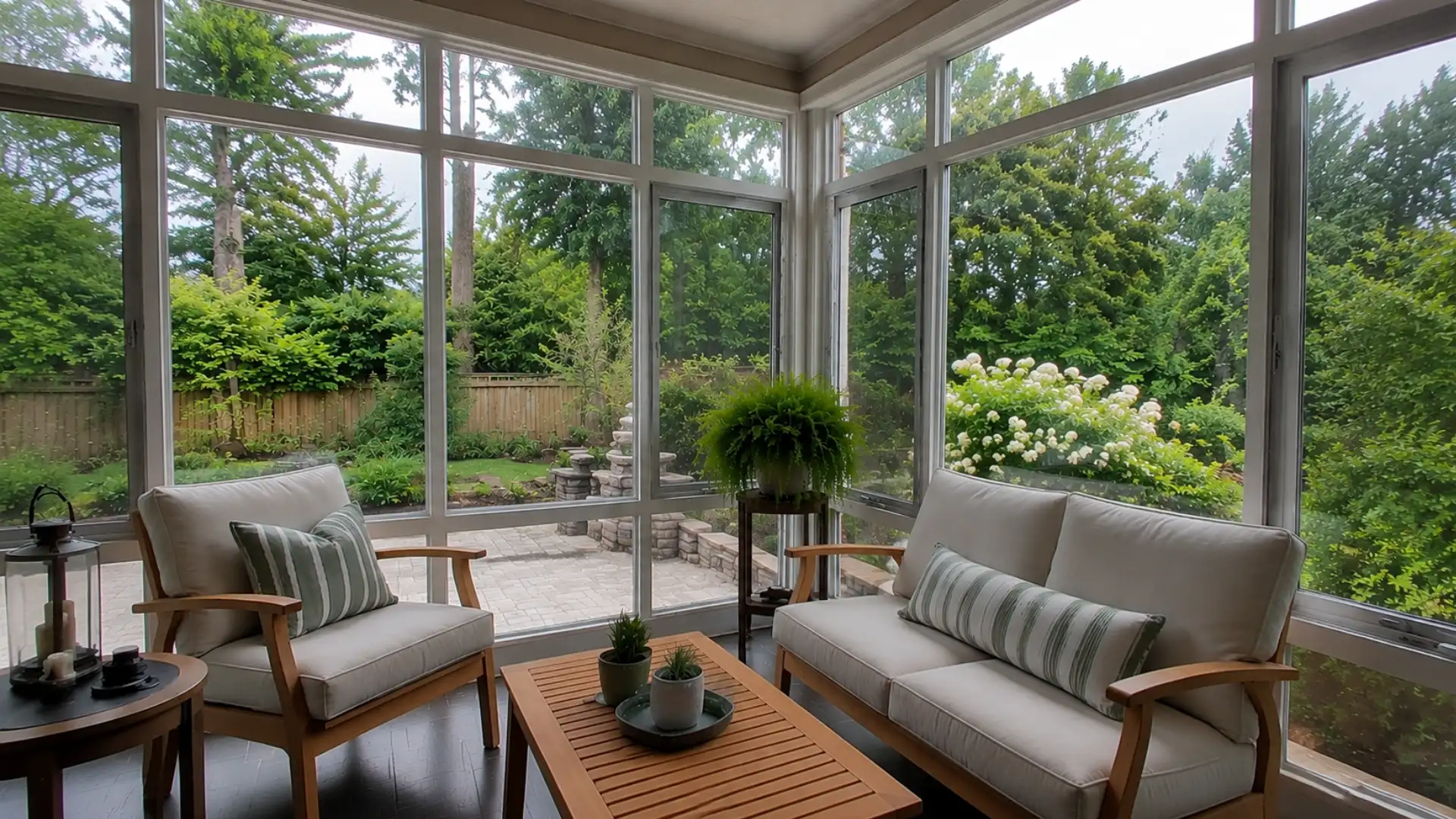 sunroom with floor to ceiling glass walls and wicker chairs overlooking a green backyard garden