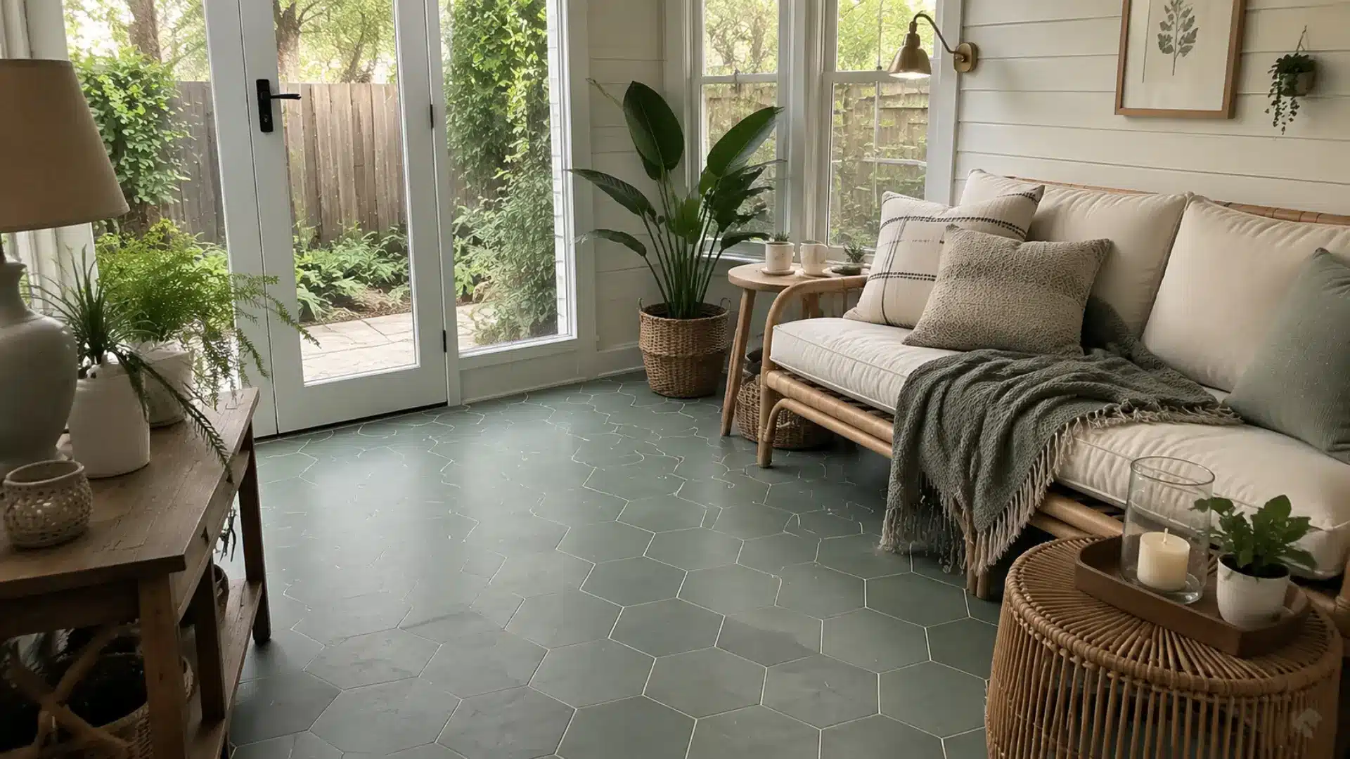 sunroom with green hexagon tile flooring and a cushioned rattan daybed