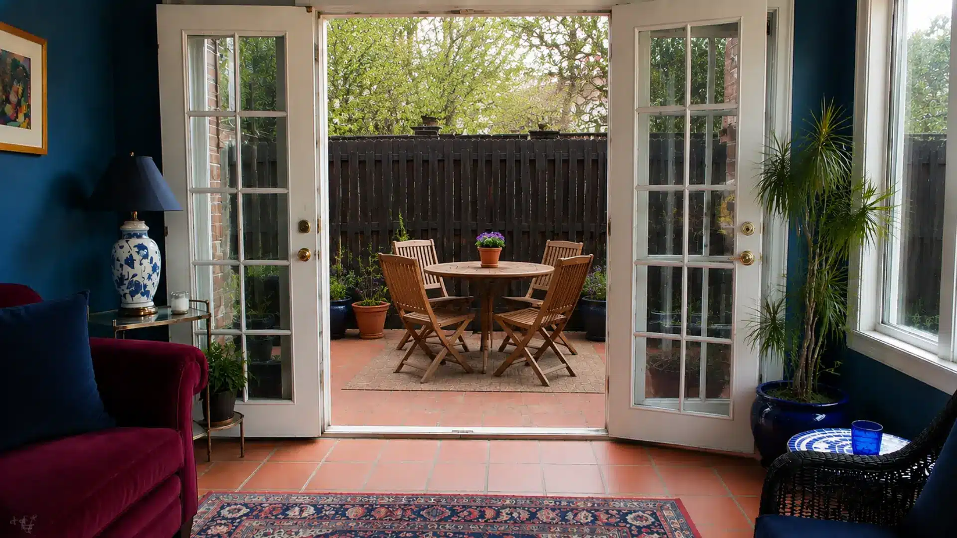 sunroom with open french doors leading to an outdoor patio and dining table