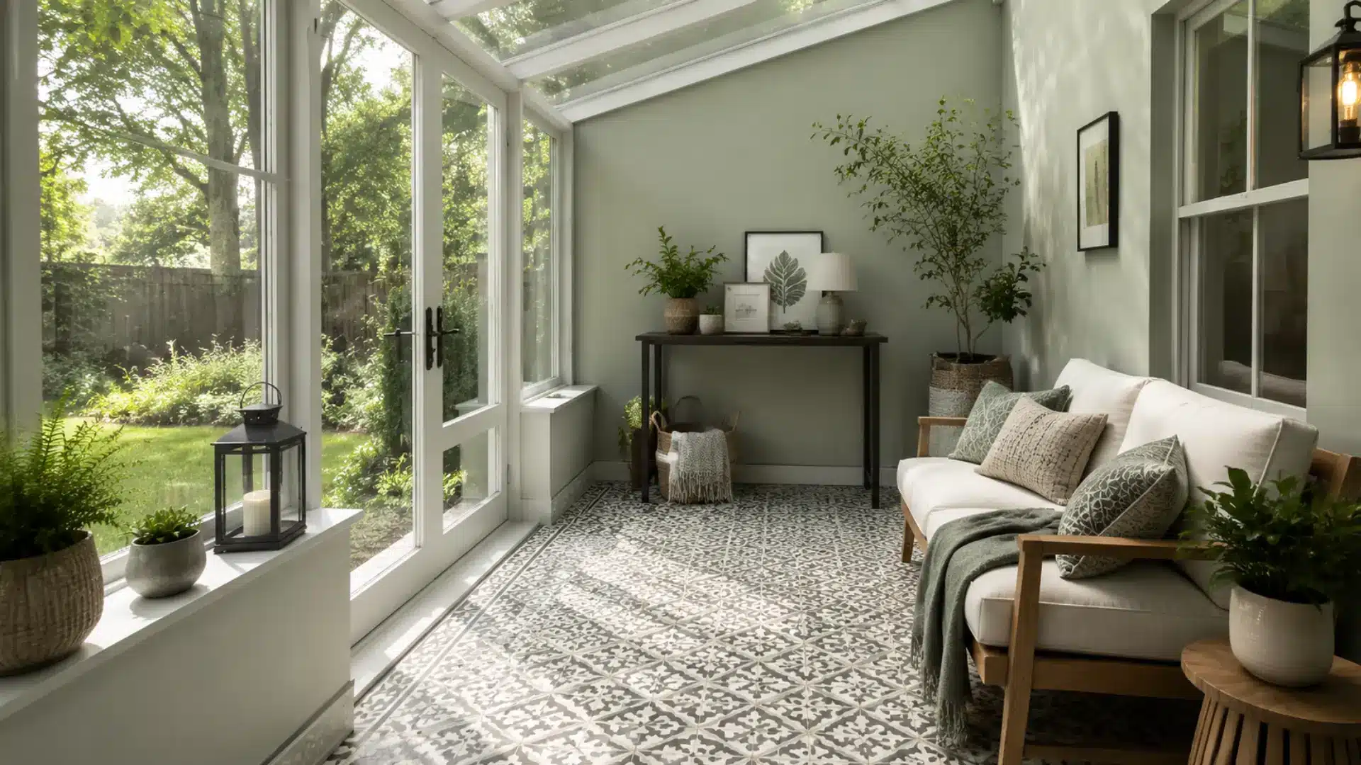 sunroom with patterned gray and white tile flooring and cushioned seating
