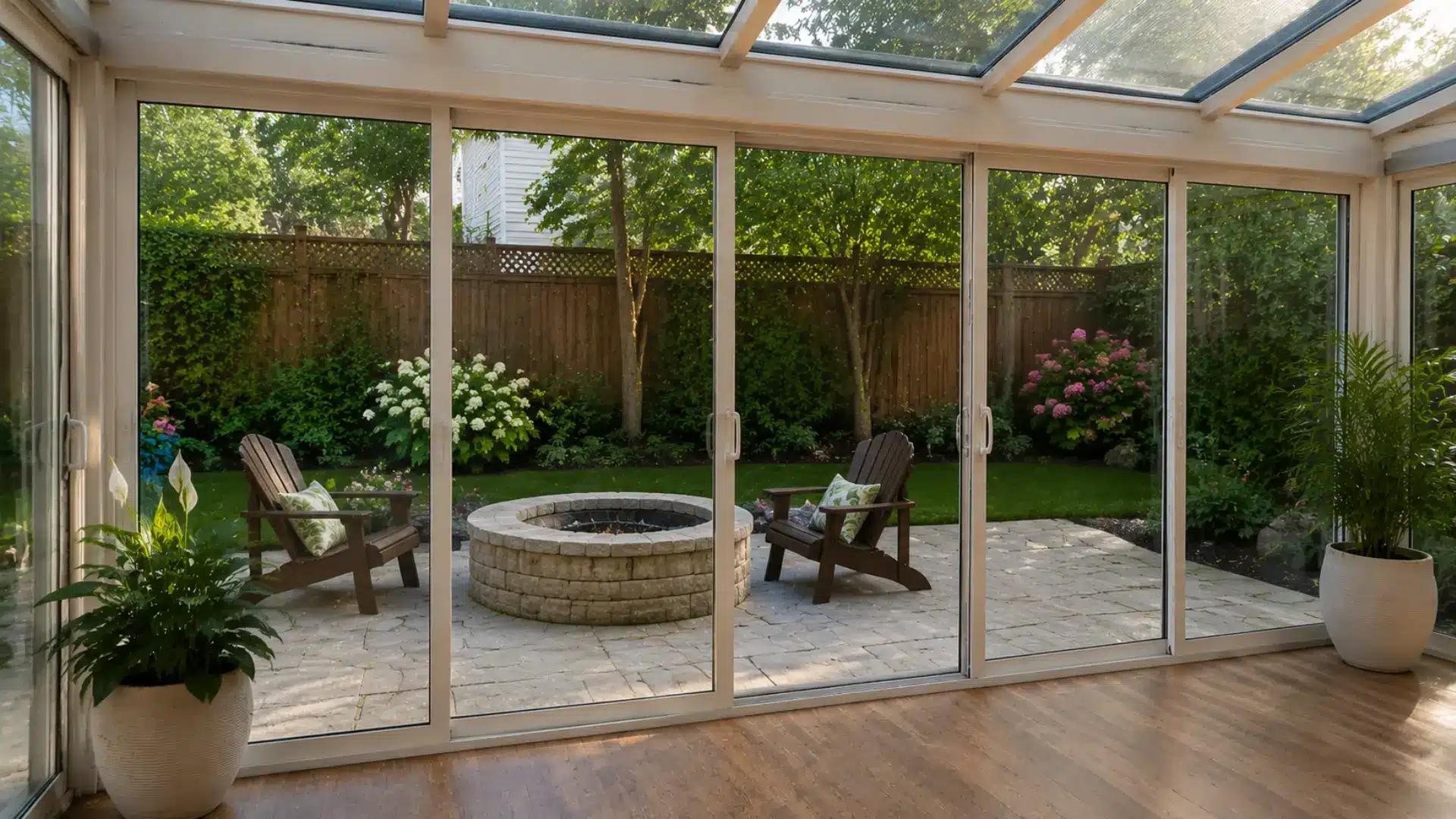sunroom with sliding glass doors opening to a patio fire pit and garden