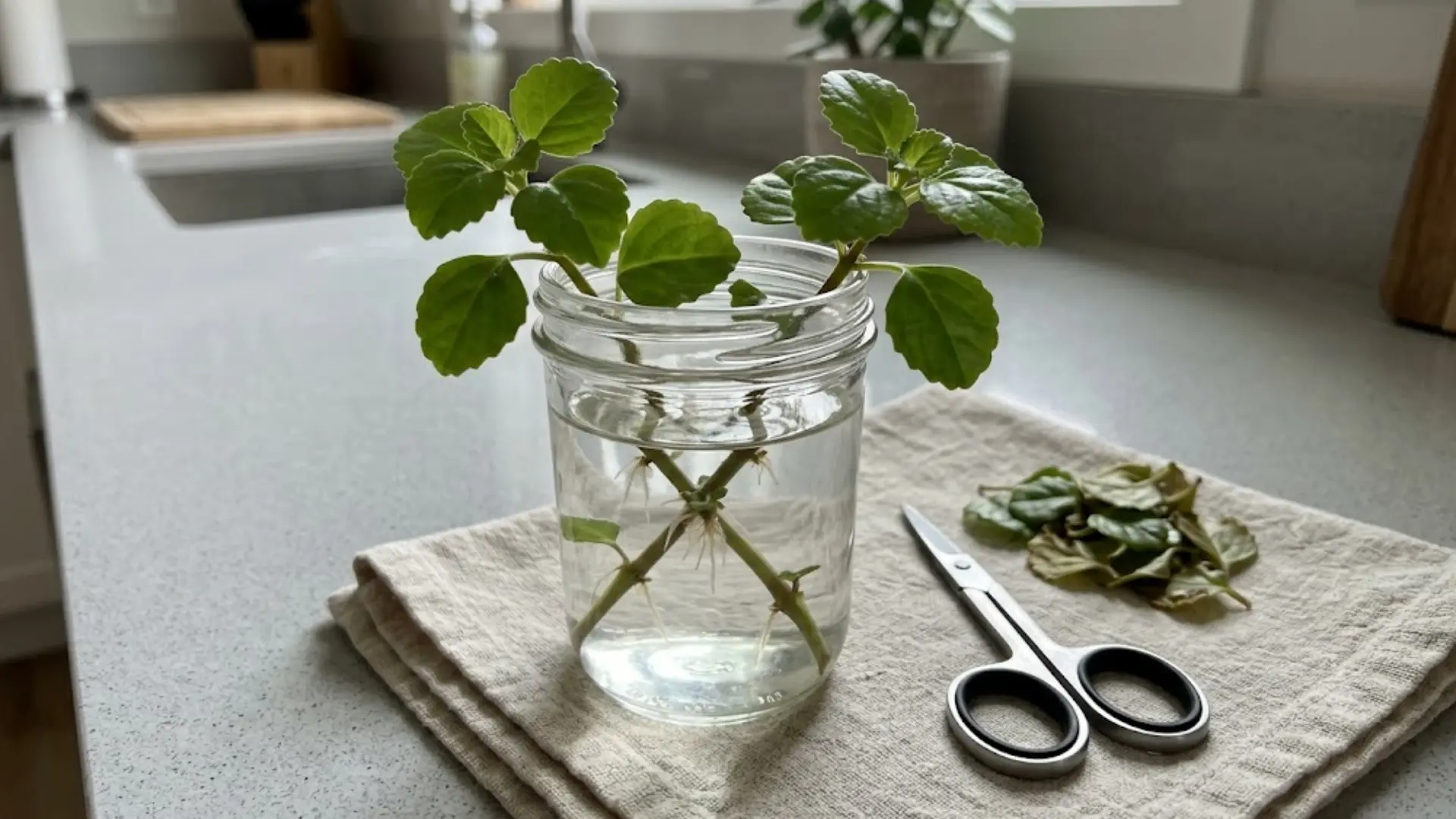 swedish ivy cuttings rooting in water jar beside scissors and trimmed leaves on kitchen counter