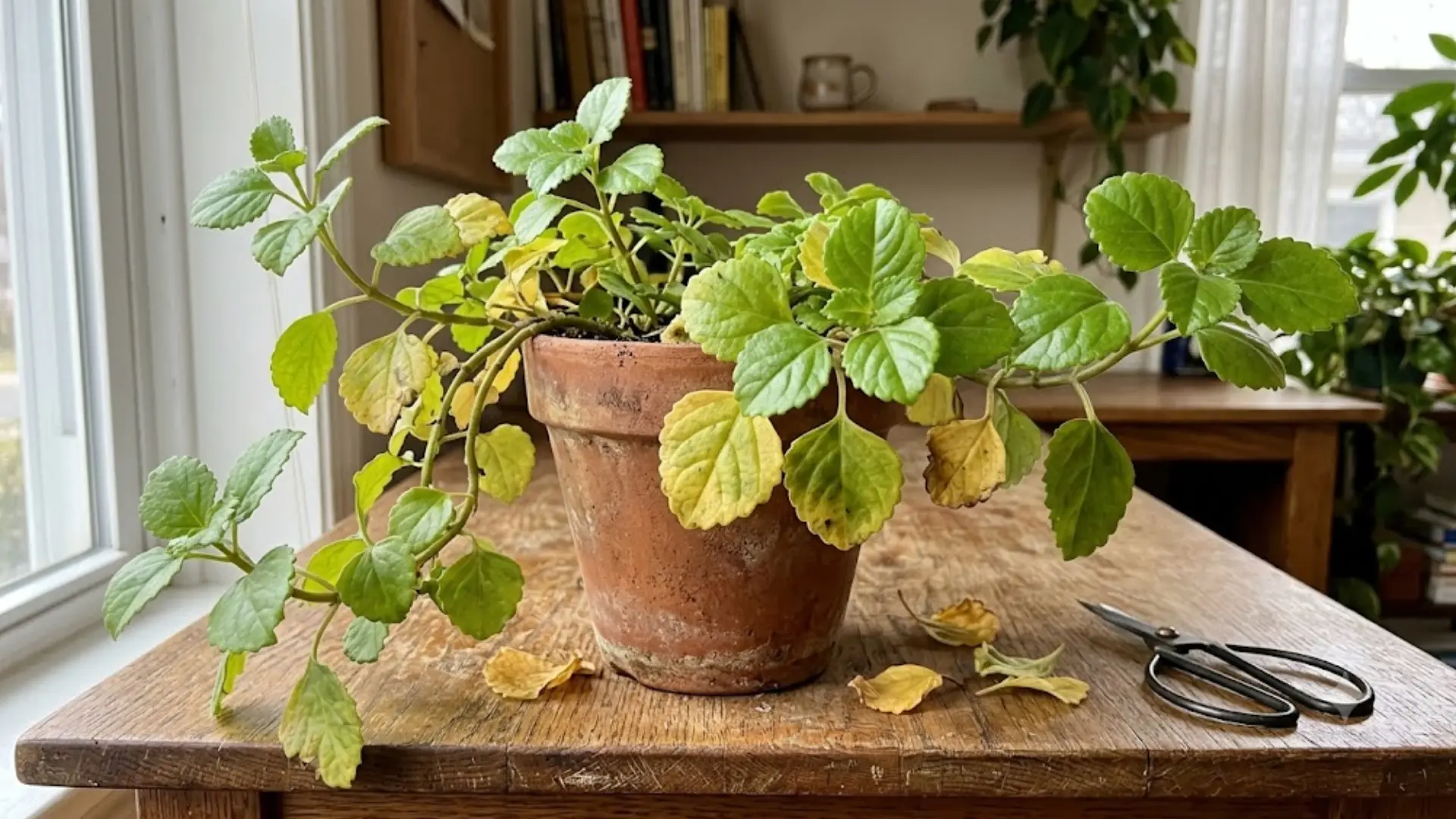 swedish ivy plant with yellowing leaves in terracotta pot beside pruning scissors on wooden table