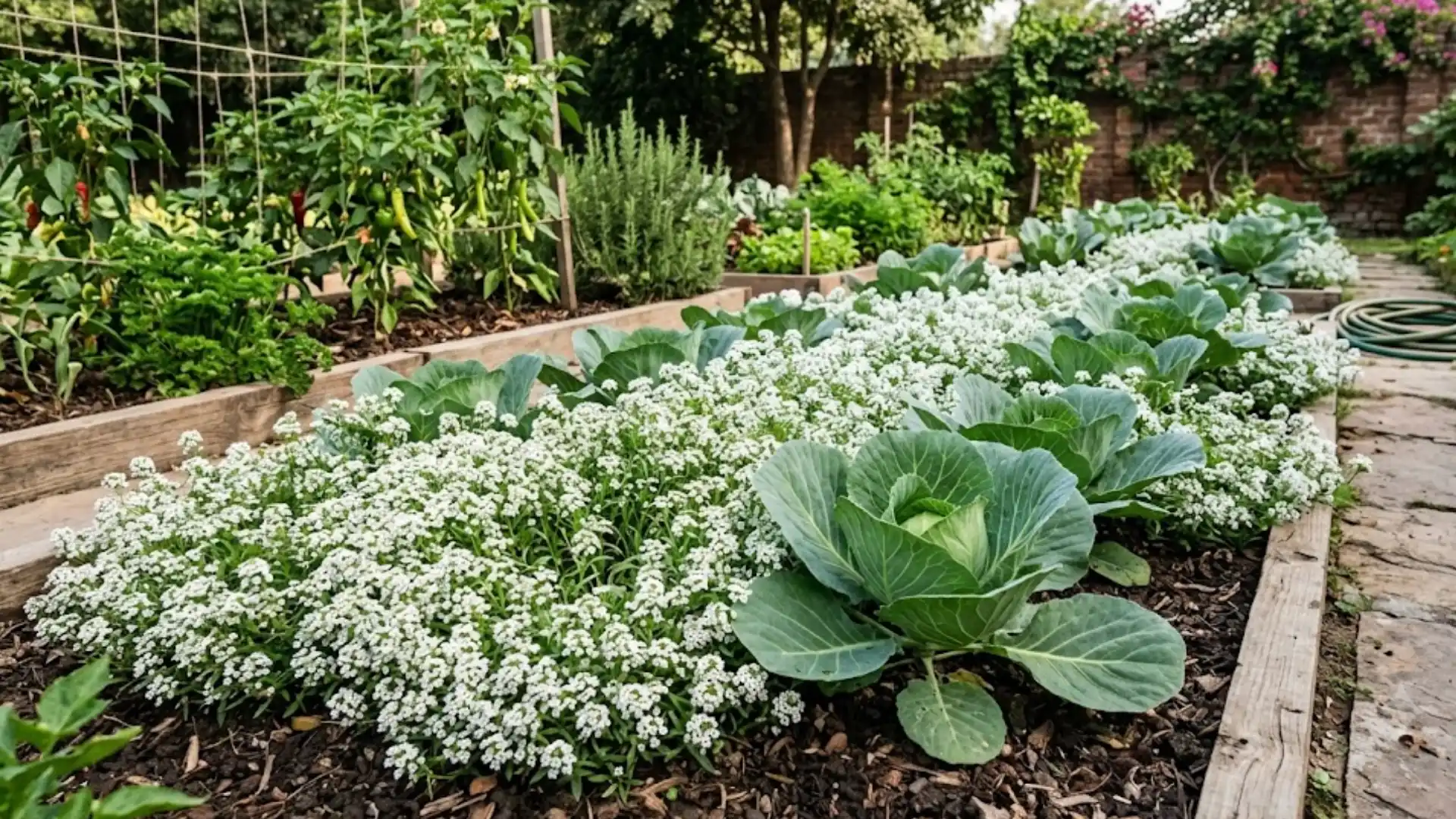 sweet alyssum flowers growing around cabbage plants in a healthy companion planting bed