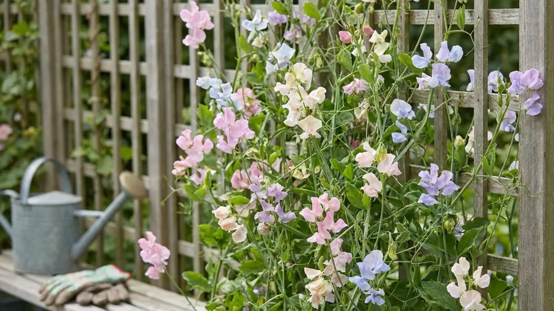 sweet pea vines with pastel flowers climbing a garden trellis