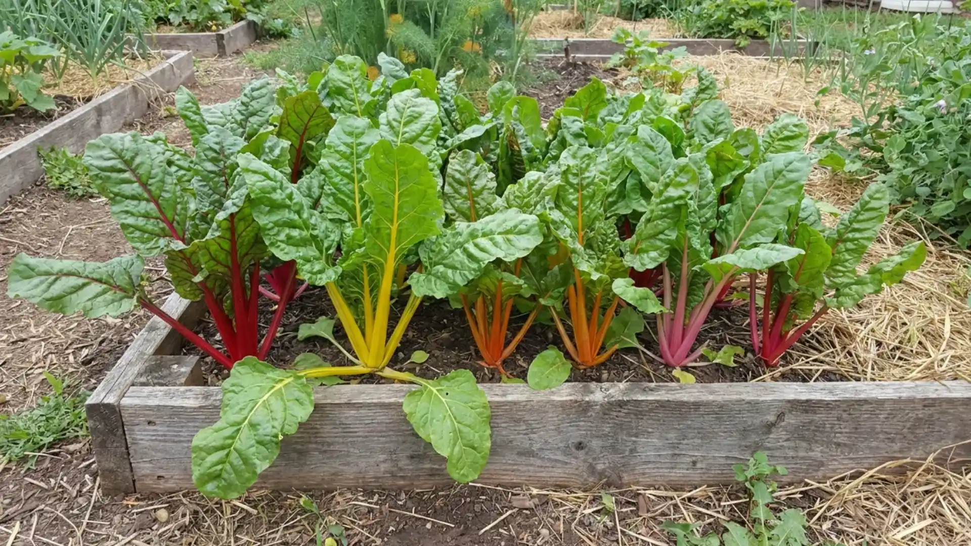swiss chard with colorful red and yellow stems in a garden row