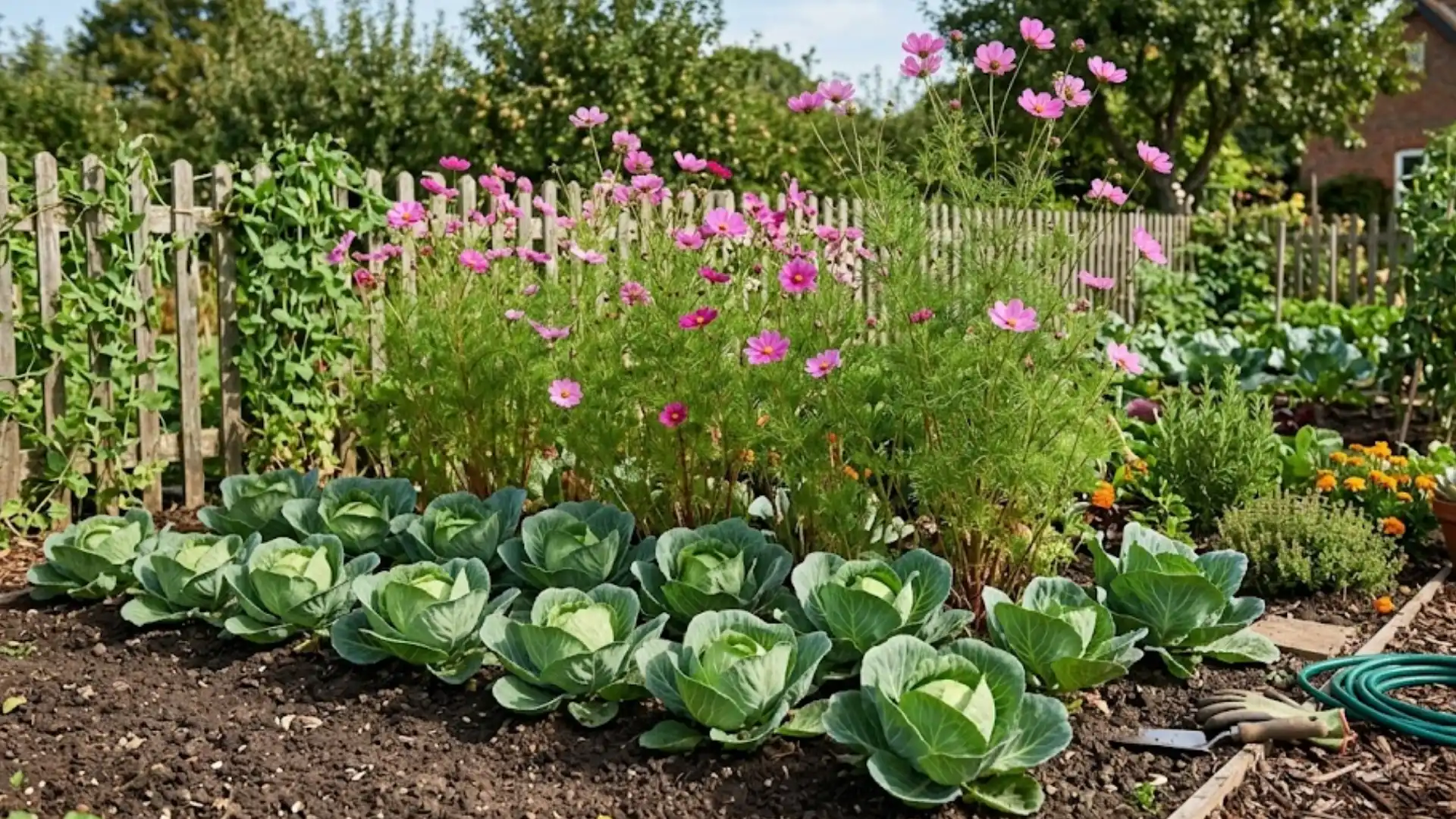 tall cosmos flowers growing beside cabbage plants in a sunny backyard vegetable garden