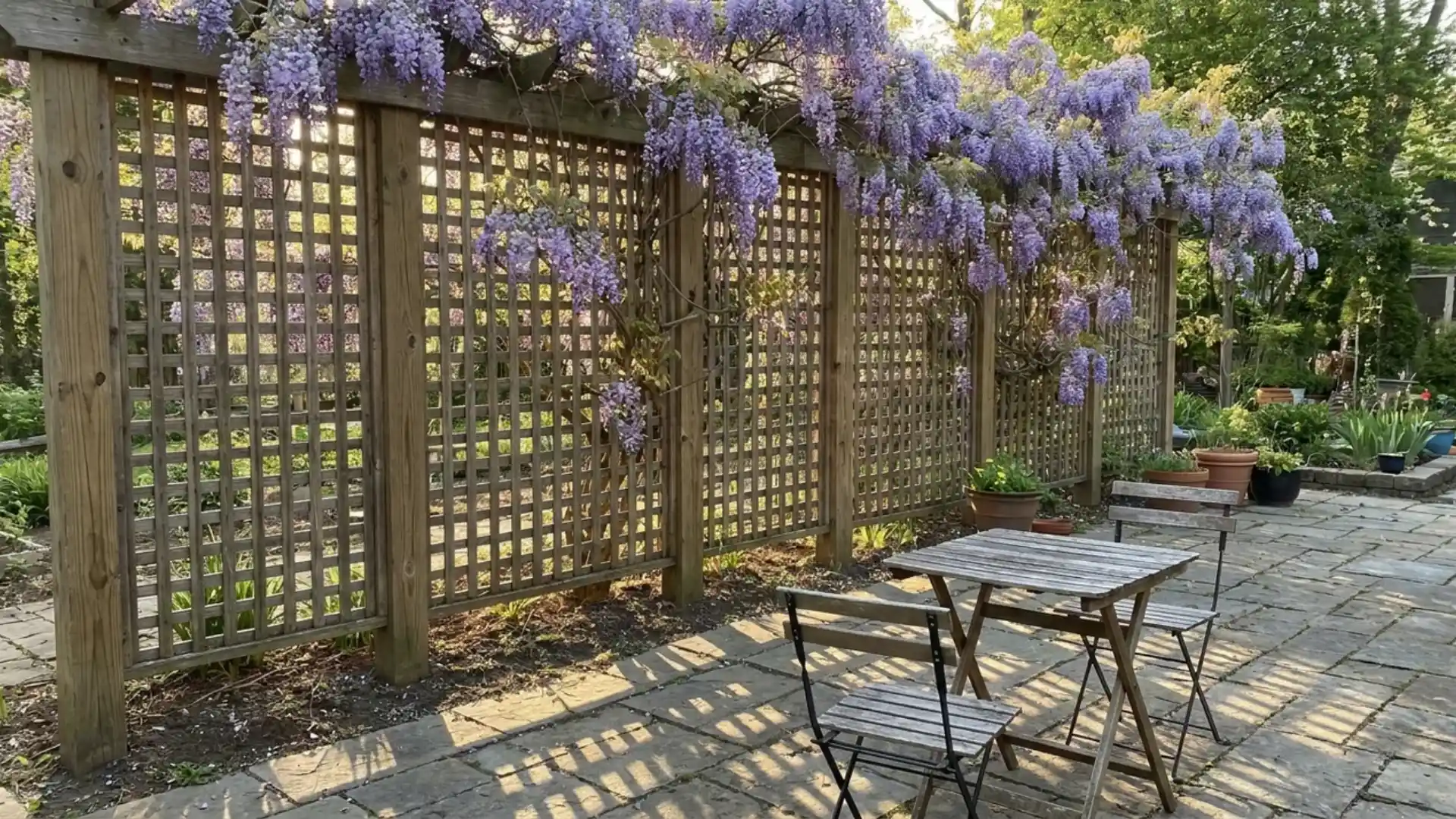 tall lattice privacy trellis covered in wisteria blooms beside patio seating area