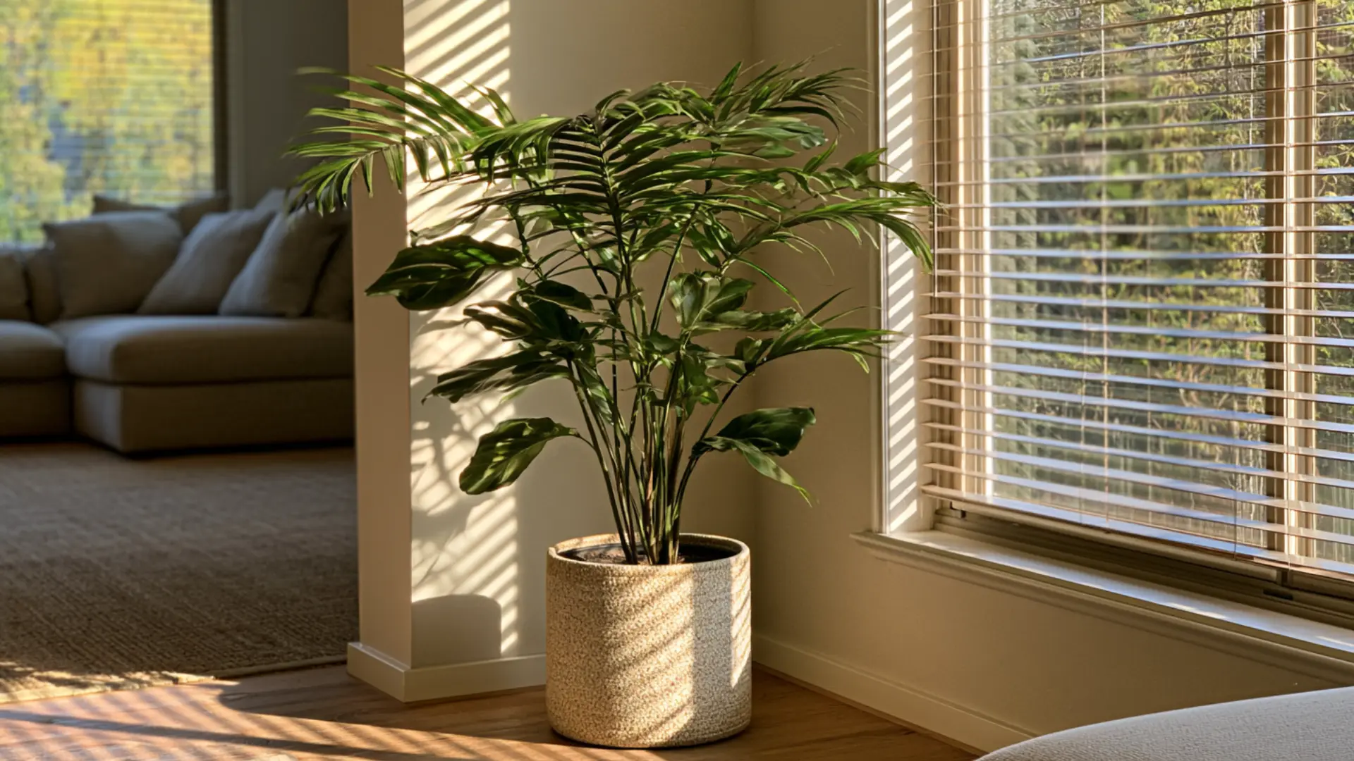 tall potted plant in living room corner near sunlit window with blinds