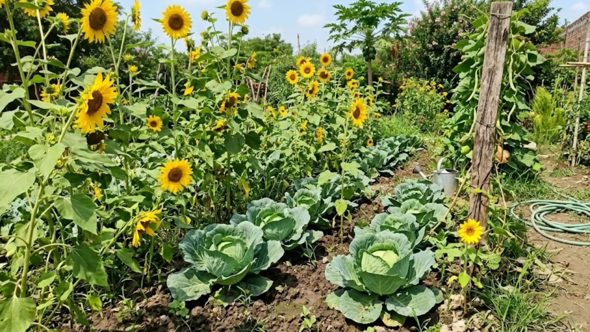tall sunflower growing near cabbage plants in a bright and healthy backyard vegetable garden