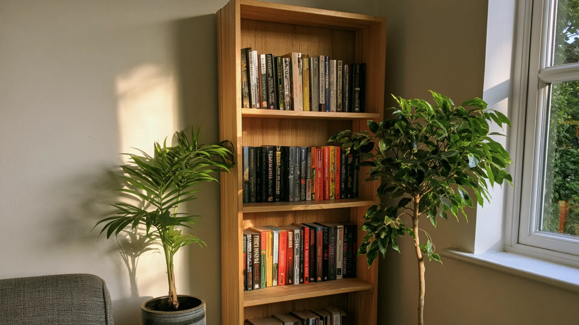 tall wood bookshelf with books and plants beside a bright window