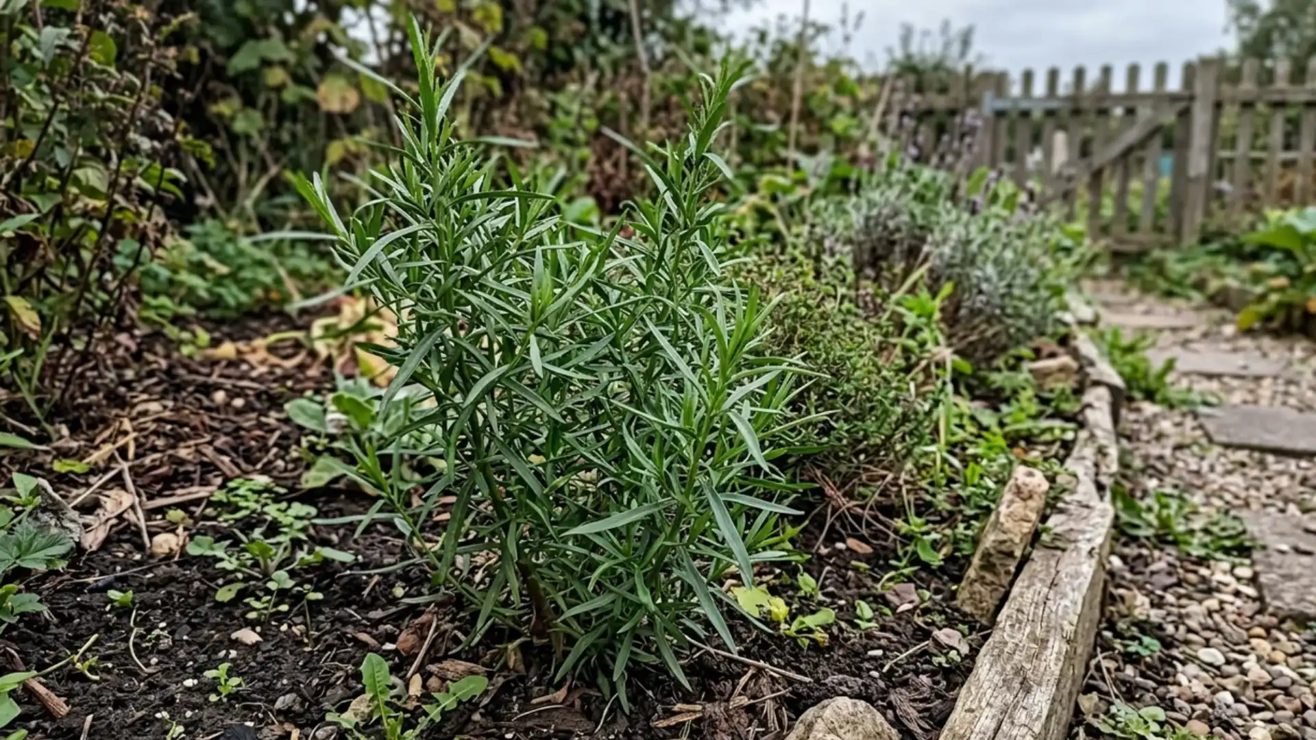 tarragon plant with narrow green leaves along a garden border