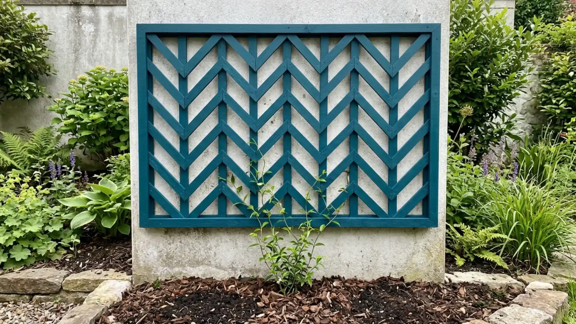 teal chevron pattern wood trellis mounted on garden wall with climbing vine below
