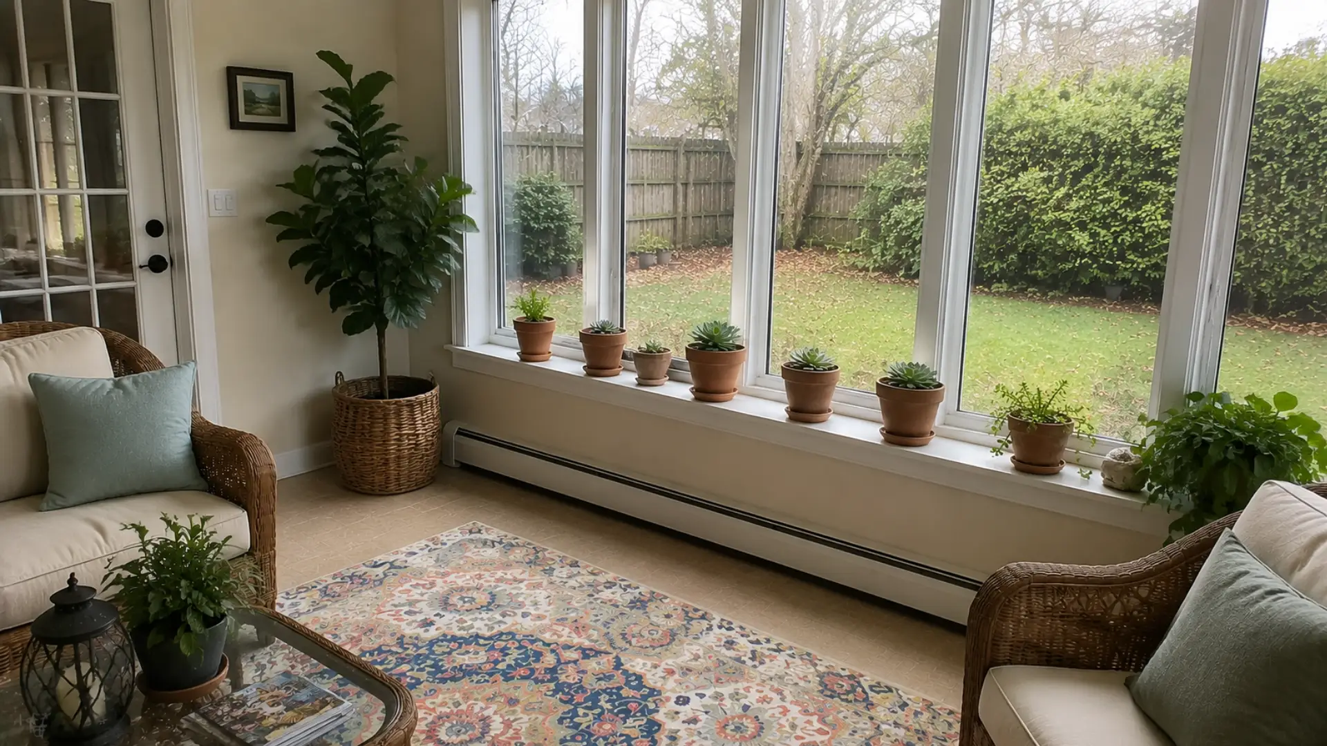terracotta potted plants lined along a sunny sunroom windowsill with greenery