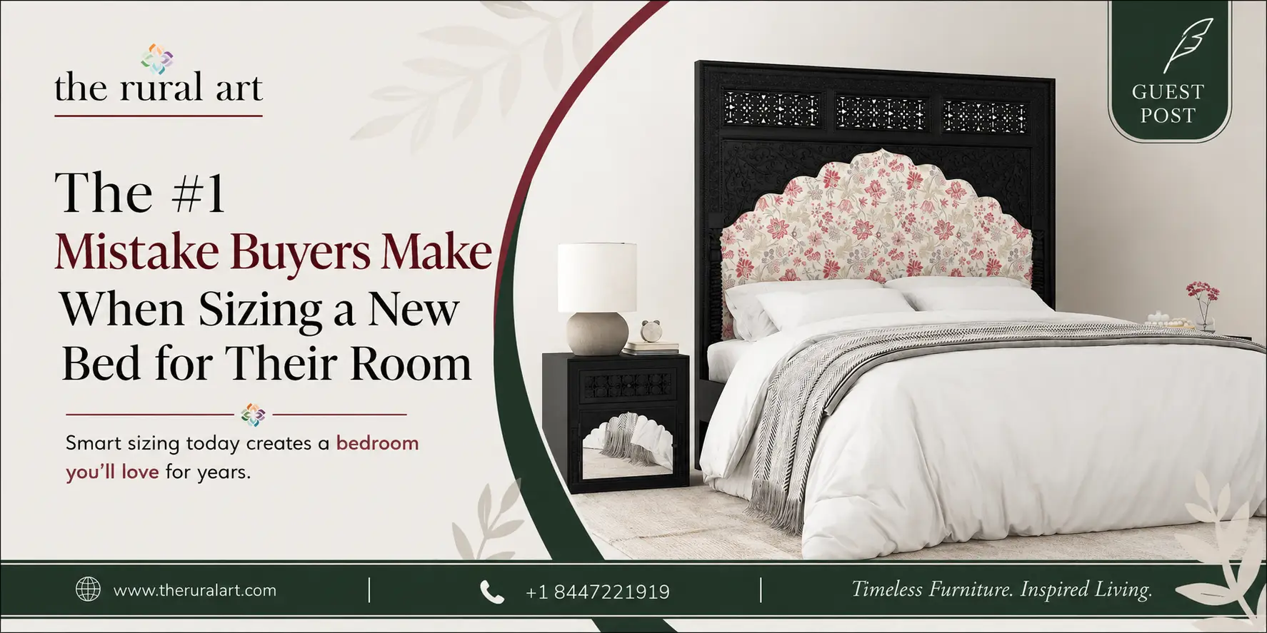Elegant bedroom with floral patterned headboard and white bedding set on light beige carpet
