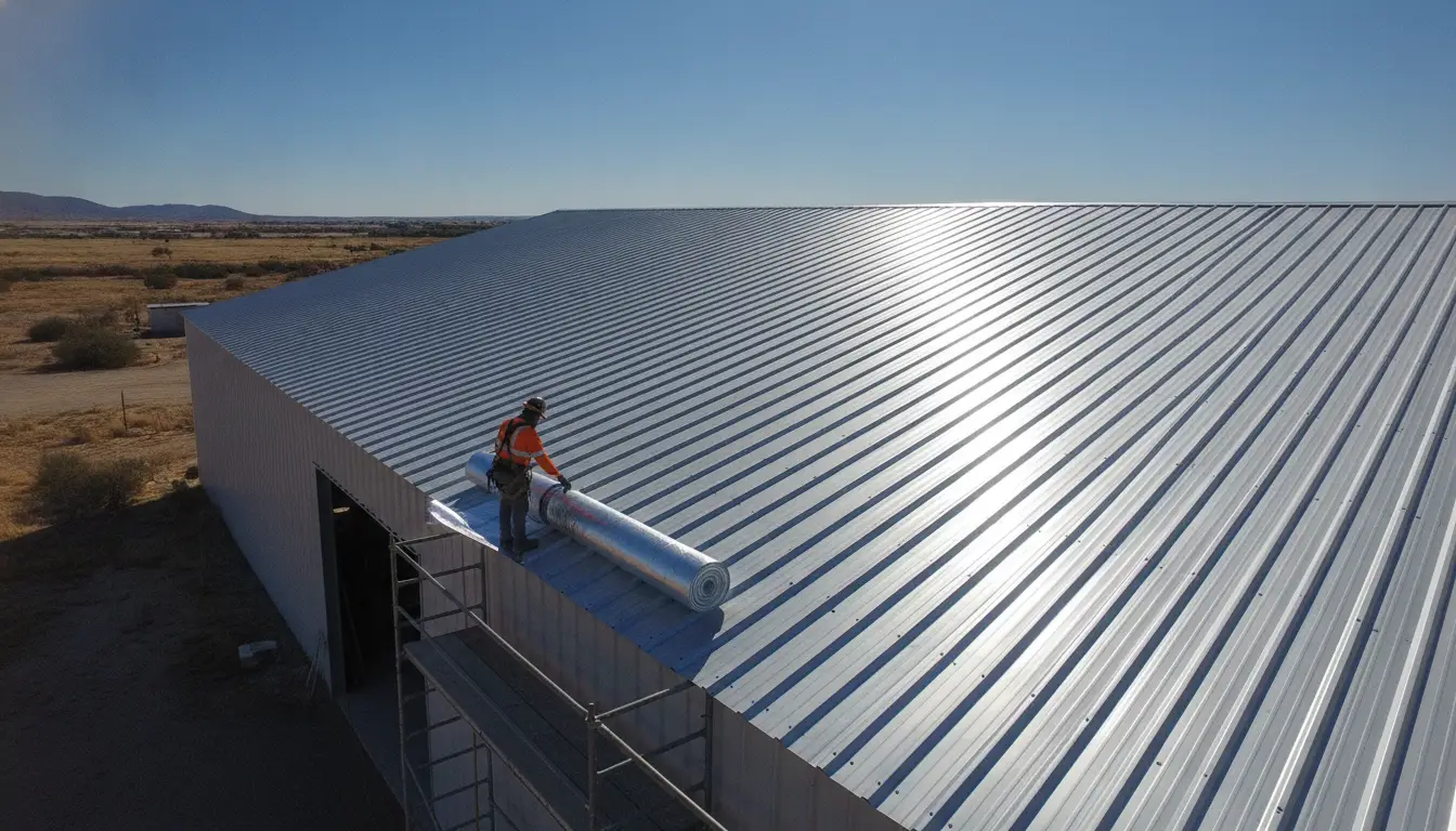 Worker installing insulation on large metal roof under bright blue sky