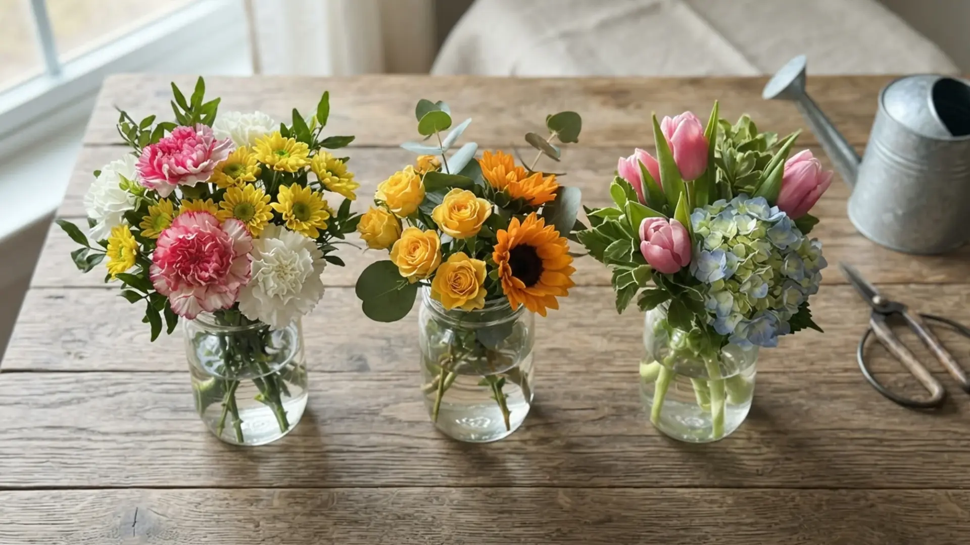 three glass jars with carnations roses sunflowers tulips and hydrangeas on a wooden table