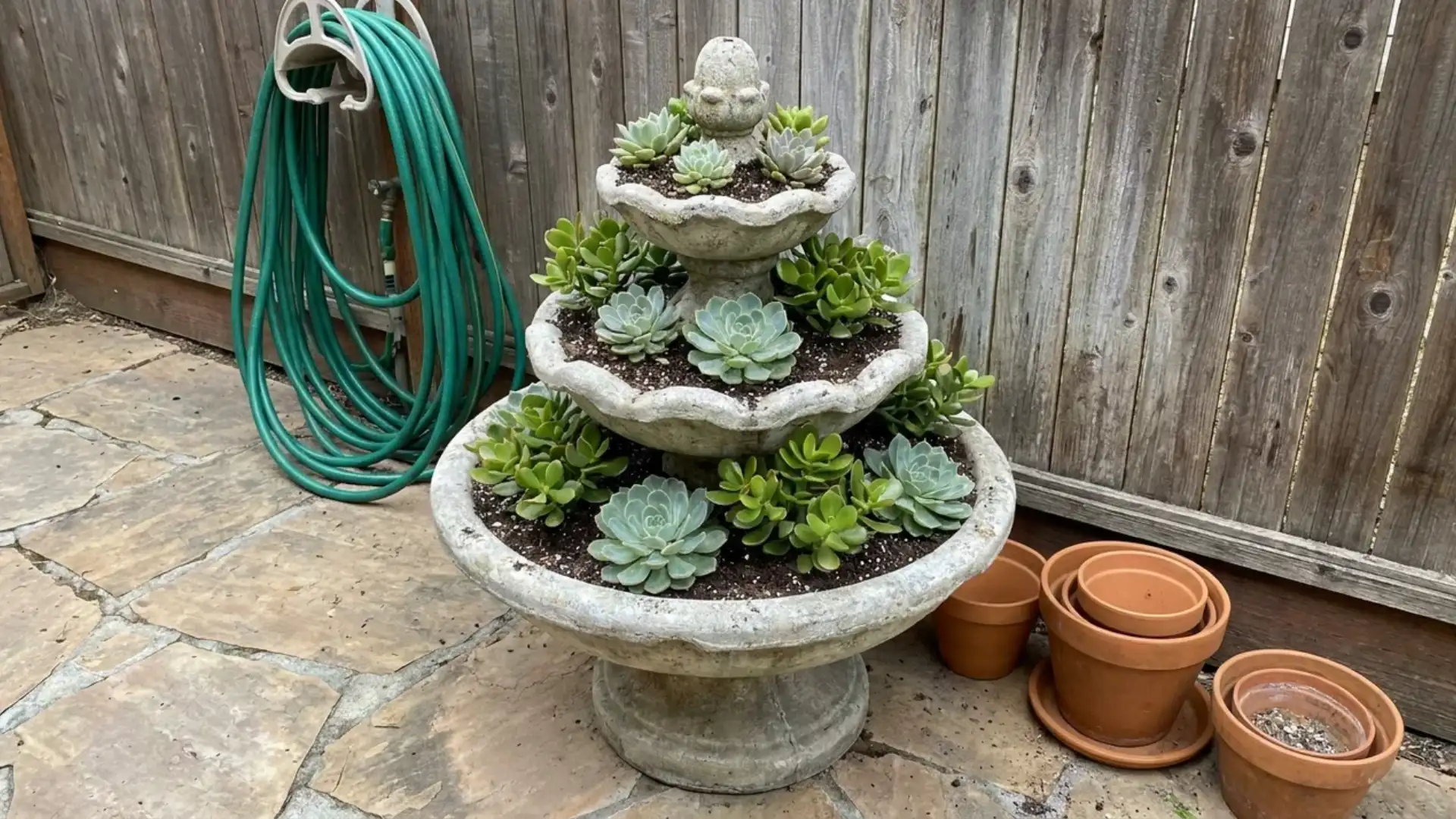 tiered stone fountain repurposed as planter filled with echeveria and jade succulents