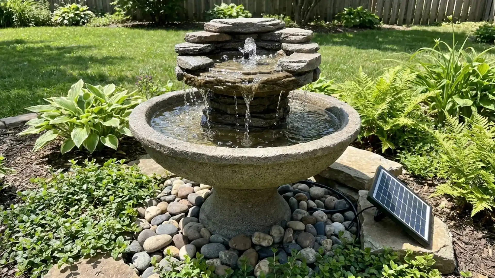 tiered stone solar fountain with trickling water surrounded by river rocks in garden