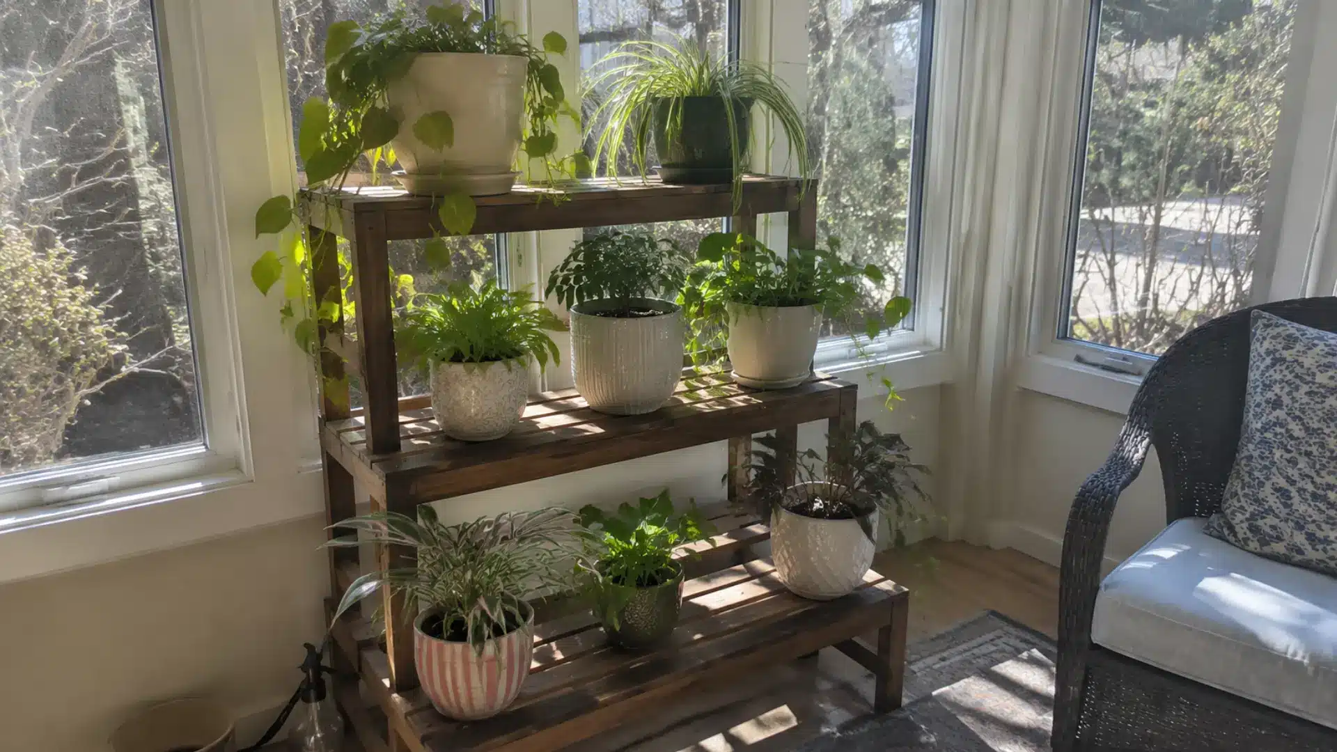 tiered wooden plant stand filled with potted greenery near sunroom windows